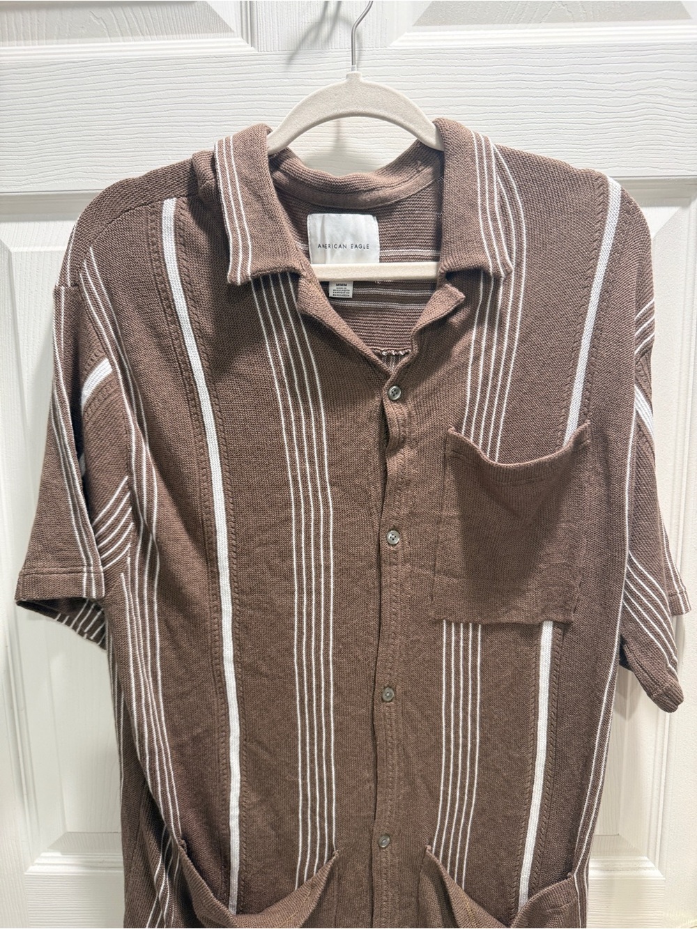 American Eagle Guayabera Sweater Brown Striped Button Front Pockets M Sample - Picture 4 of 8